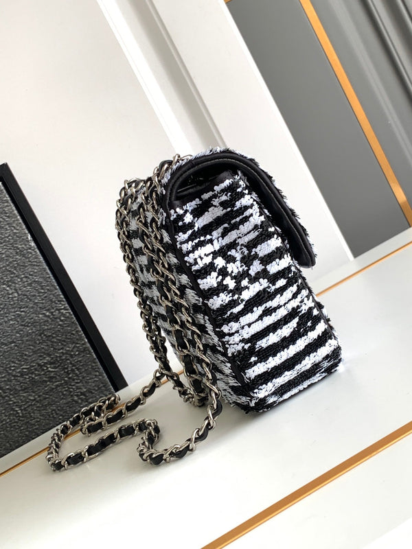 flap bag medium 25 black white sequin silver hardware