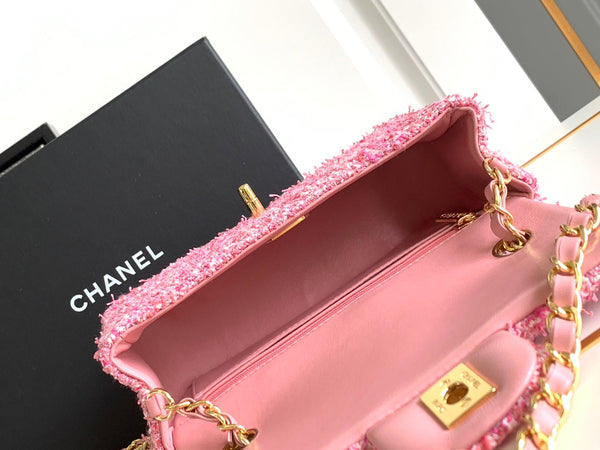 flap bag mini 20 pink tweed silver hardware
