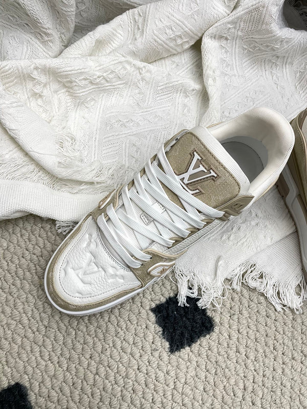 LV Trainer Sneaker White Taupe Denim Cowhide 611153
