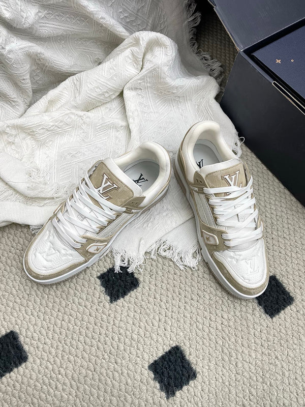 LV Trainer Sneaker White Taupe Denim Cowhide 611153