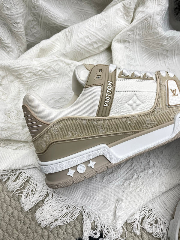 LV Trainer Sneaker White Taupe Denim Cowhide 611153