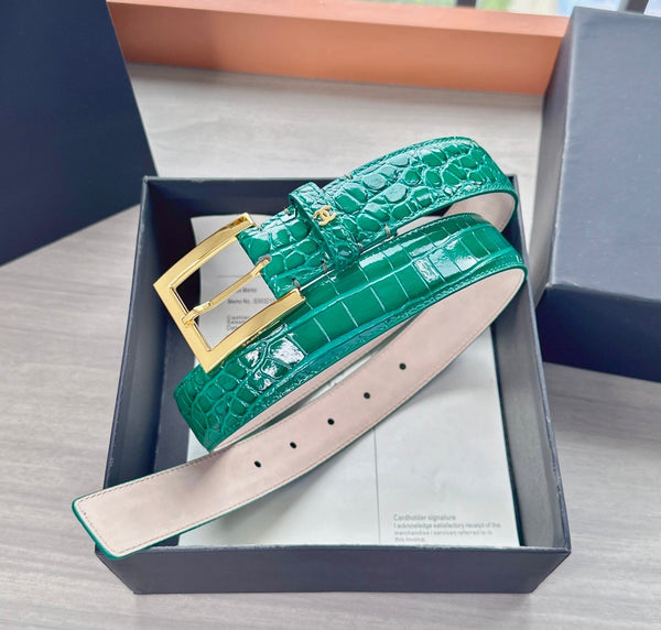 CC Belt 3cm Teal Green Embossed Crocodile Pattern Leather 202935