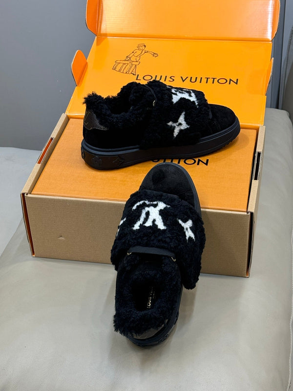 LV 25 Velcro Furry Sneakers Black Suede Wool 576952