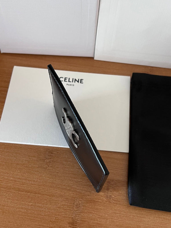 TRIOMPHE Card Holder Black Sliver Cowhide& Fabric