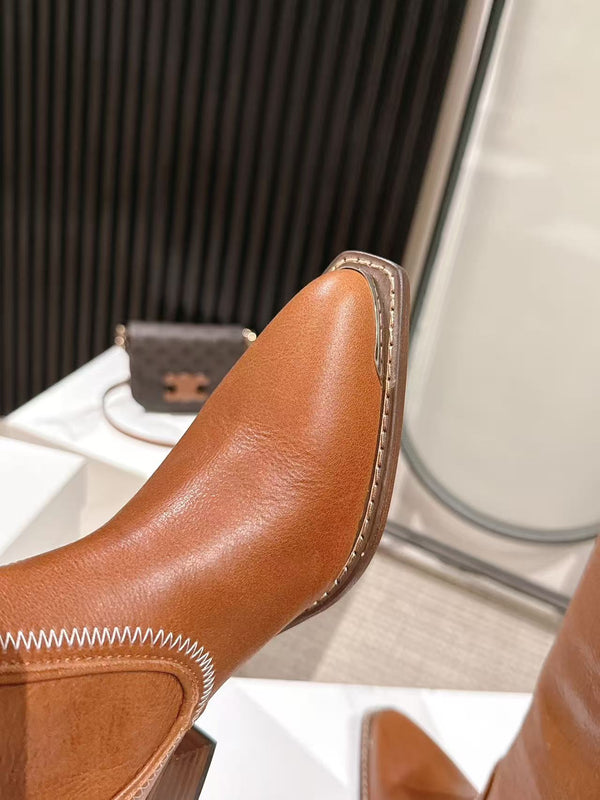 CELINE 25 Mid Calf Cowboy Boots Caramel Brown Cowhide