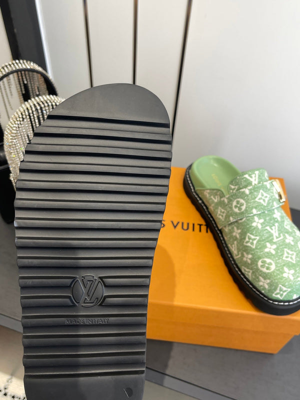 LV Cosy Comfort Mule Sandals Green Gold Denim Monogrammed 533458