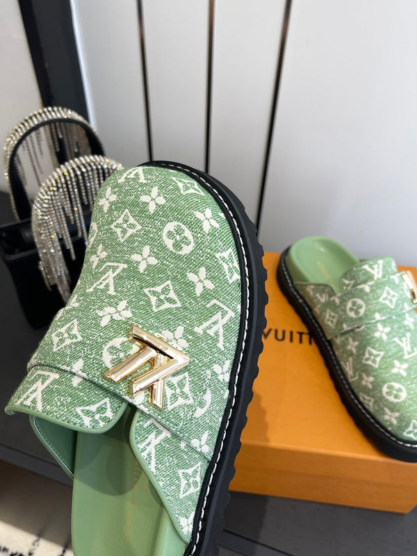 LV Cosy Comfort Mule Sandals Green Gold Denim Monogrammed 533458