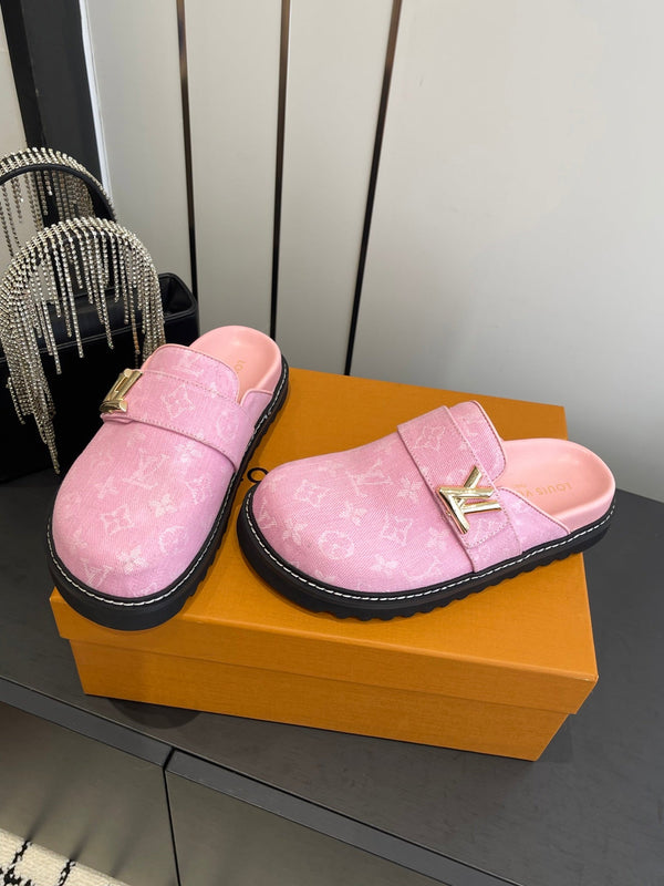 LV Cosy Comfort Mule Sandals Pink Gold Denim Monogrammed 533459
