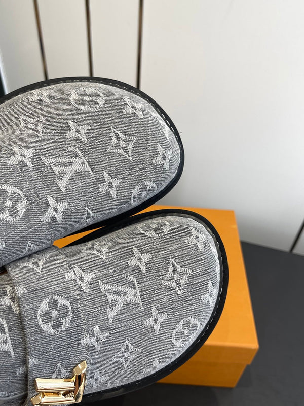 LV Cosy Comfort Mule Sandals Grey Gold Denim Monogrammed 533461