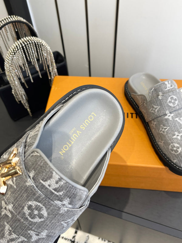 LV Cosy Comfort Mule Sandals Grey Gold Denim Monogrammed 533461