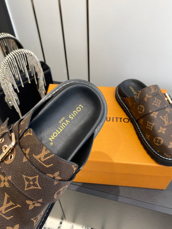 LV Cosy Comfort Mule Sandals Brown Gold Denim Leather 533464
