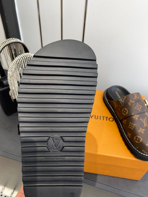 LV Cosy Comfort Mule Sandals Brown Gold Denim Leather 533464