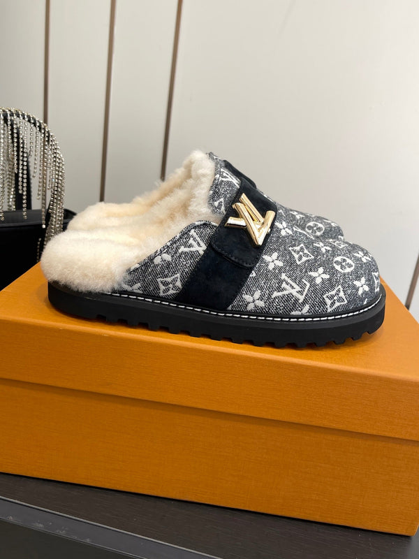 LV Cosy Flat Slippers Comfort Clog Black Grey BeigeLeather Monogram Fur 533468