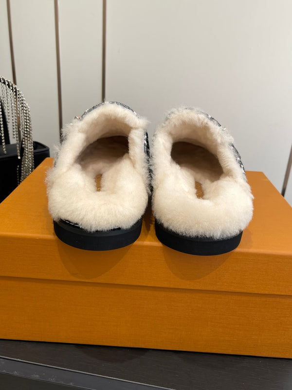 LV Cosy Flat Slippers Comfort Clog Black Grey BeigeLeather Monogram Fur 533468