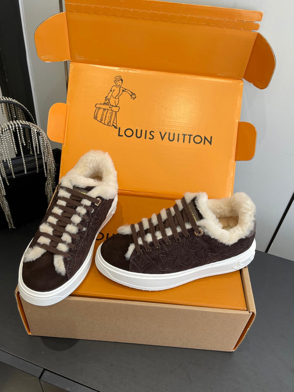 LV Time Out Sneaker 40mm Marron White Monogram Denim Suede Fleece Lined 533475