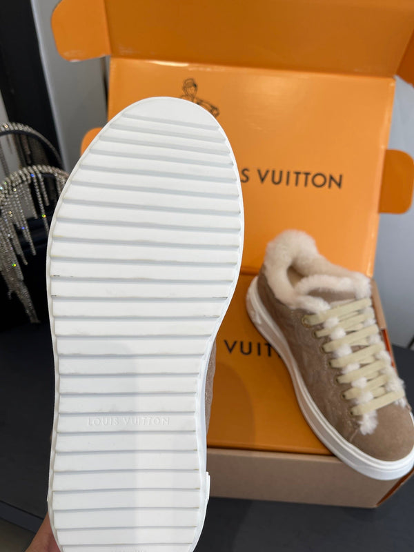 LV Time Out Sneaker 40mm Brown Cream Monogram Denim Suede Fleece Lined 533476