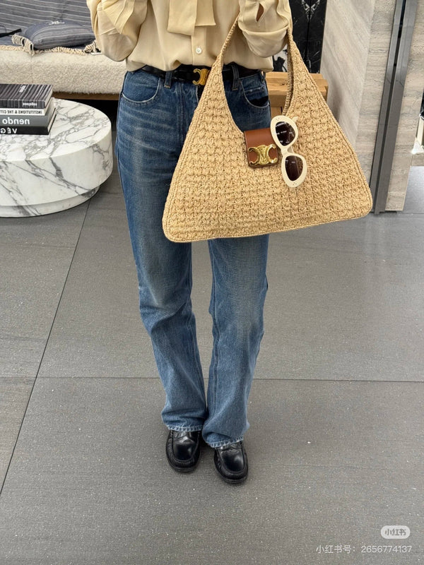 Celine Cabas Triangle Raffia Calfskin
