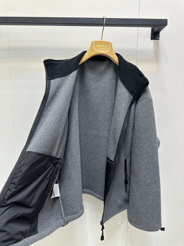 Miu Embroidered Fleece Hooded Zip-Up Jacket Dark Grey Cashmere 346110