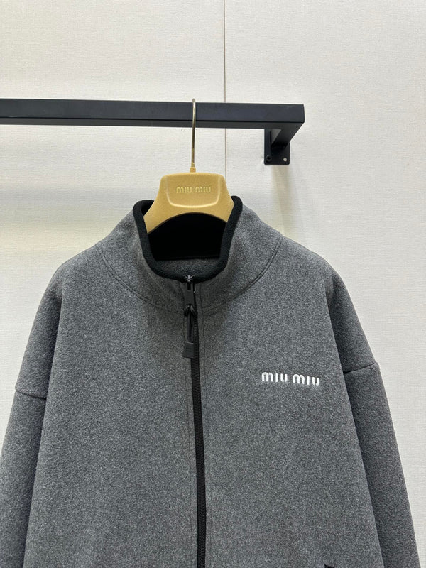 Miu Embroidered Fleece Hooded Zip-Up Jacket Dark Grey Cashmere 346110