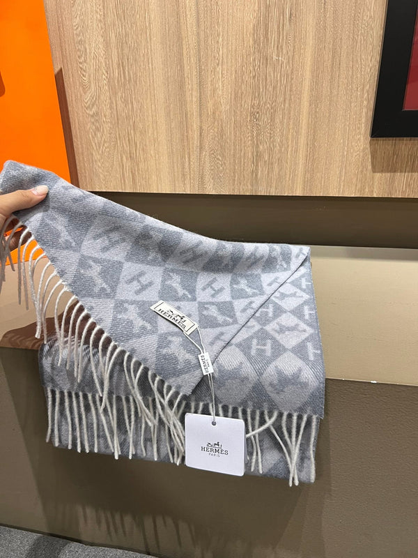 Scarf Cashmere 180 CM In Grey Blue Fine Wool 290424