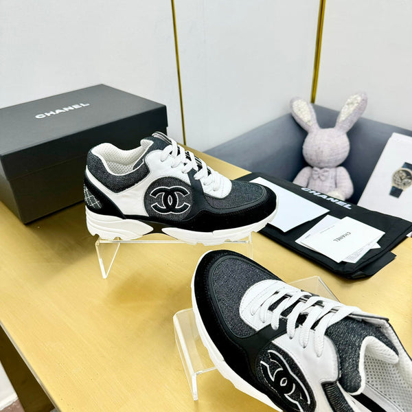 cc womens sneaker in white black wool tweed and black suede calfskin 137606