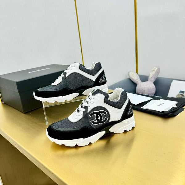 cc womens sneaker in white black wool tweed and black suede calfskin 137606
