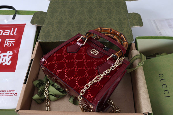 GG Diana Mini Tote Bag 20cm Red Patent Leather Crystals