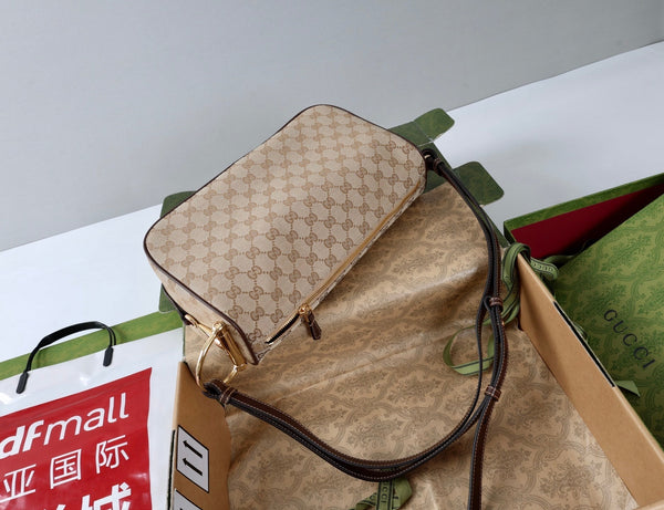 GG Half Horsebit Mini Shoulder Bag 19.5 Beige Brown Canvas