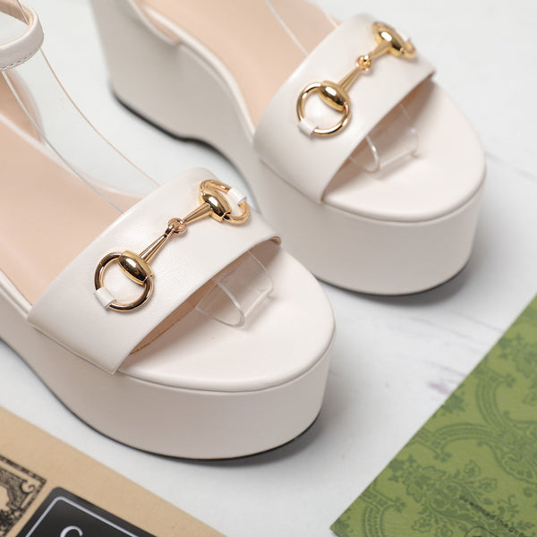 GG Horsebit Wedges Sandals White