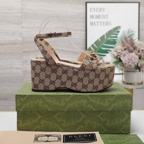 GG Horsebit Wedges Sandals Brown