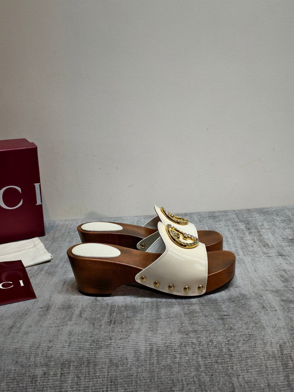 GG Wooden Clog Sandals White Patent Leather 864264