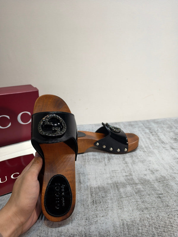 GG Wooden Clog Sandals Black Patent Leather 864267