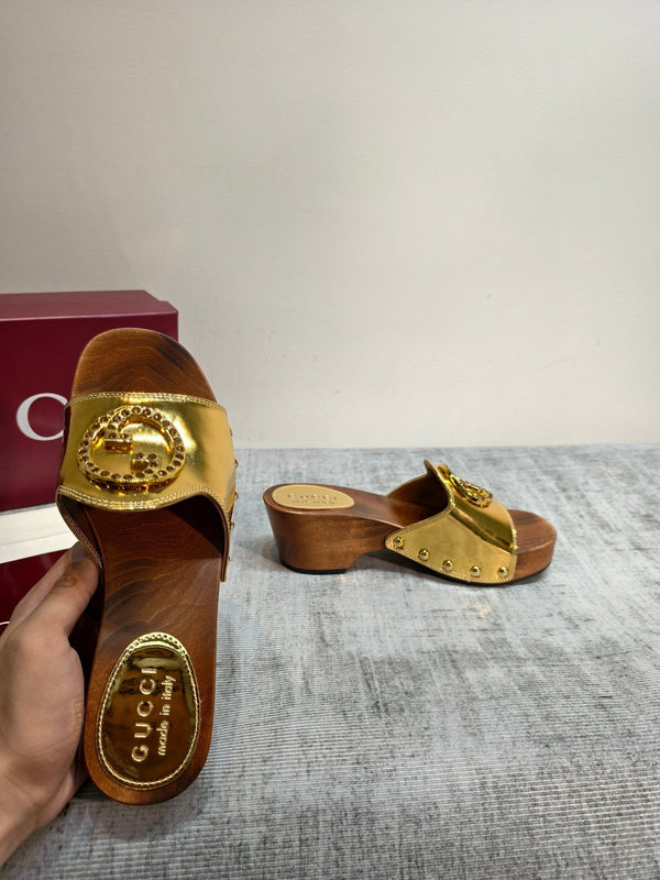 GG Wooden Clog Sandals Gold Leather 864268