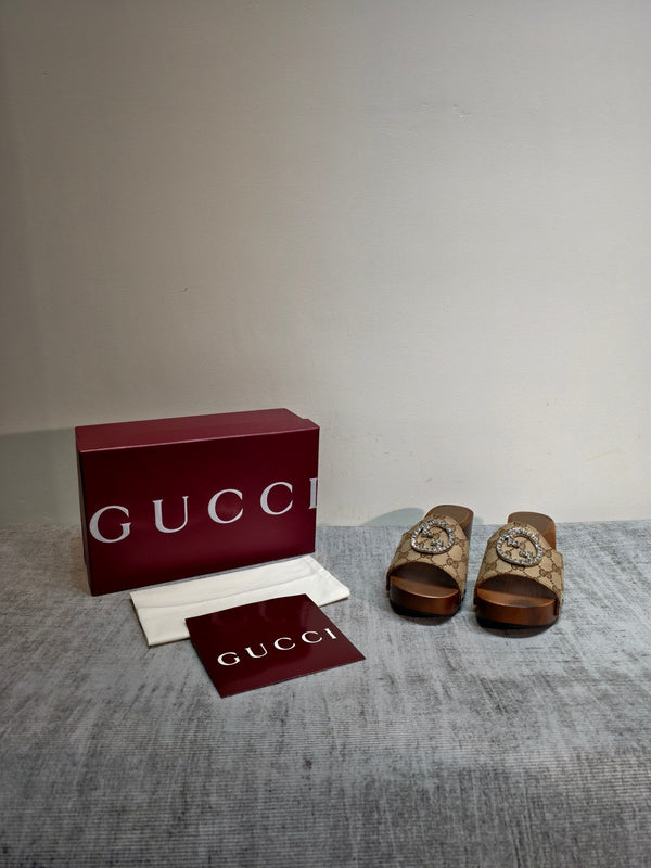 GG Wooden Clog Sandals Beige Canvas 864269