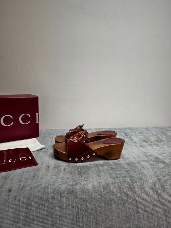 GG Wooden Clog Sandals Red Patent Leather 864270