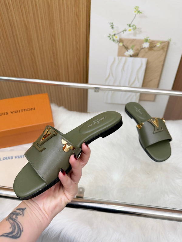LV Mare Flat Mule Olive Green Sheepskin