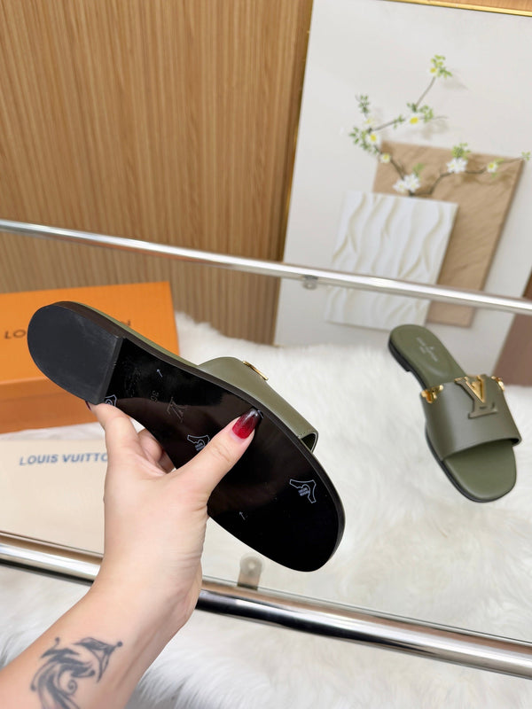 LV Mare Flat Mule Olive Green Sheepskin