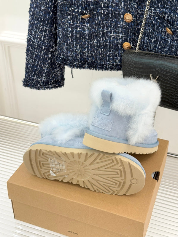 UGG Classic Ultra Mini Chalet Boots Light Blue Suede Sheepskin Cuff 517487