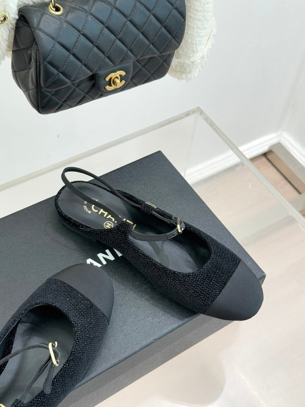 26C Two-tone Double C Flat Shoes Black Tweed 557690