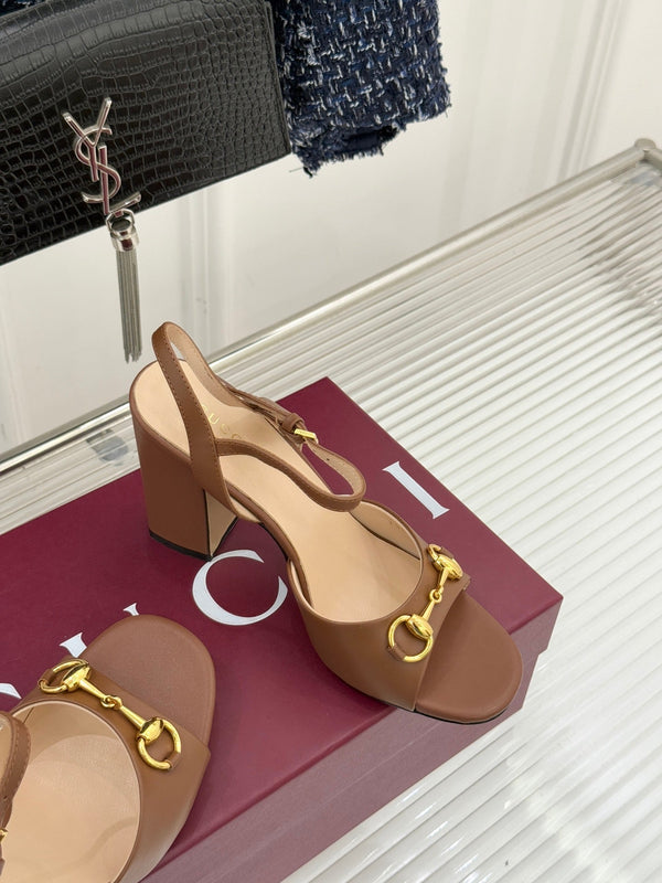 GG 26WF Chunky Heel Sandals 5cm Brown Sheepskin 632559