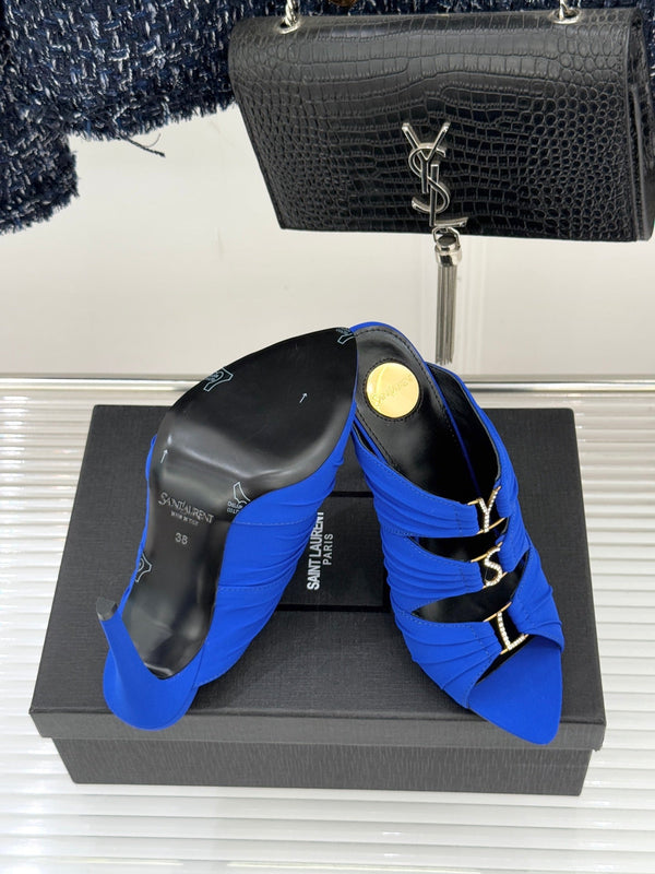 YSL Emilie Stiletto Mule Sandals 11cm Blue Satin 642915