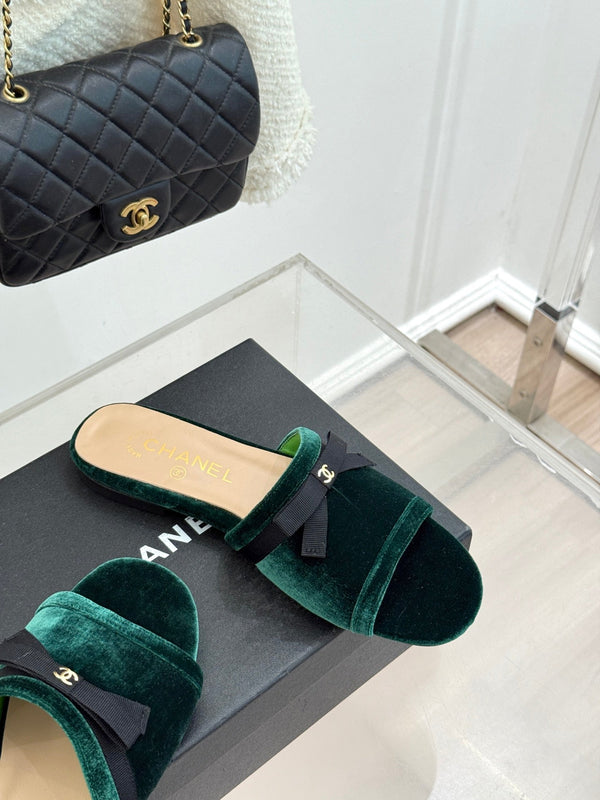 CC 26S Double C Bow Braid Slippers Teal Green Velvet 717789