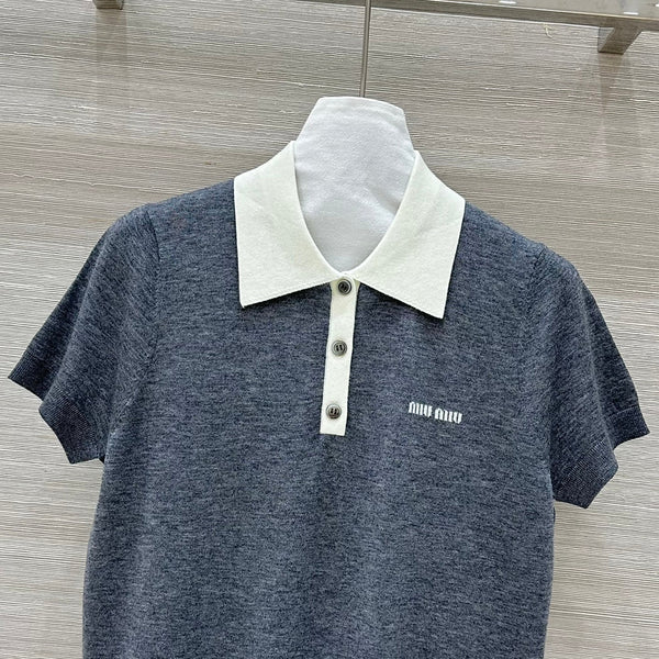 Miu Miu 25 Polo Collar Short-sleeve Knitted Top Gray Wool
