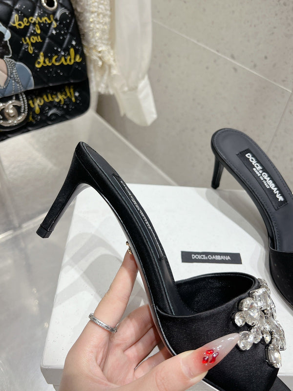 DC Crystal Mules 60mm Black Silk & Sheepskin 359516
