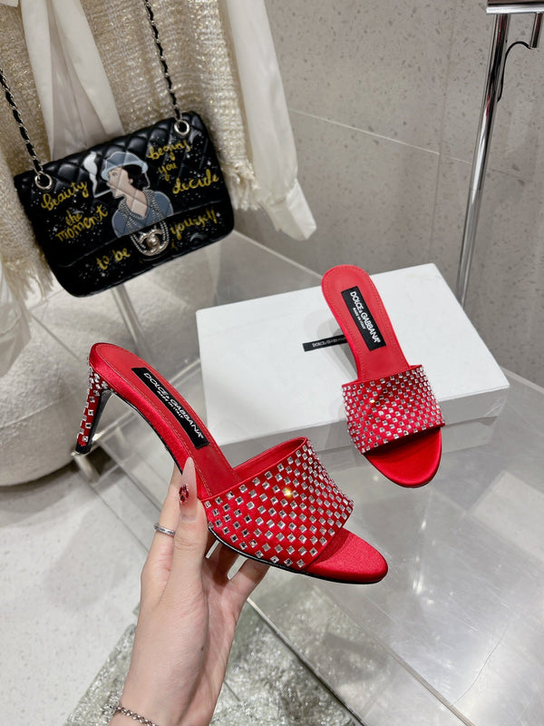 DC Rhinestone Mules 65mm Red Silk & Sheepskin 359515
