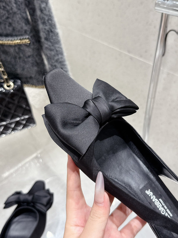 DC Bow Slingback Pumps 30mm Black Satin & Sheepskin 359511