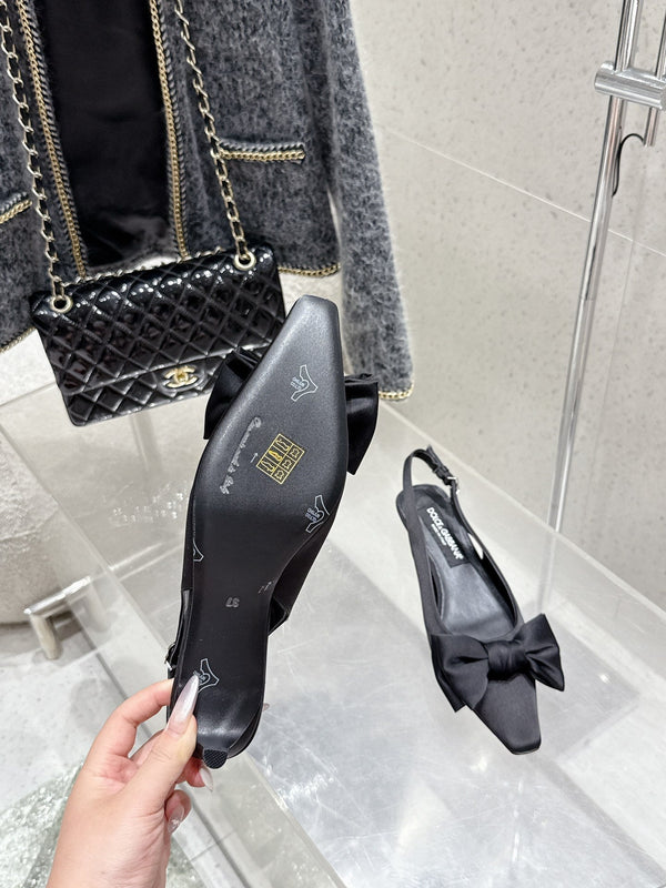 DC Bow Slingback Pumps 30mm Black Satin & Sheepskin 359511