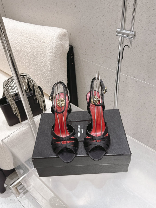 YSL Chandelle Sandals 10.5 Black Red Satin 610694