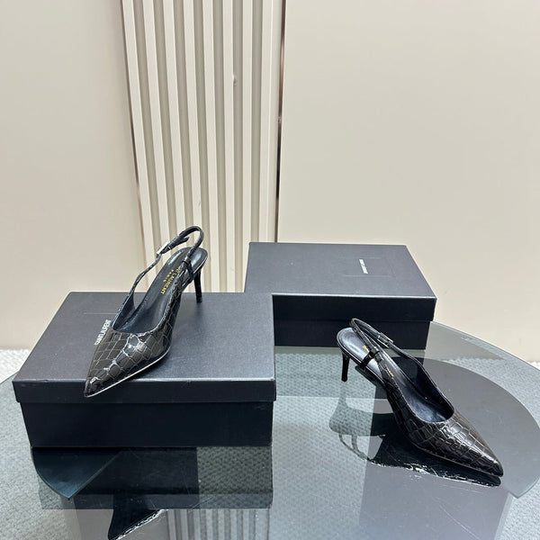 SL TRAPEZE CROCODILE MOTIF SLINGBACK PUMP BLACK CALFSKIN