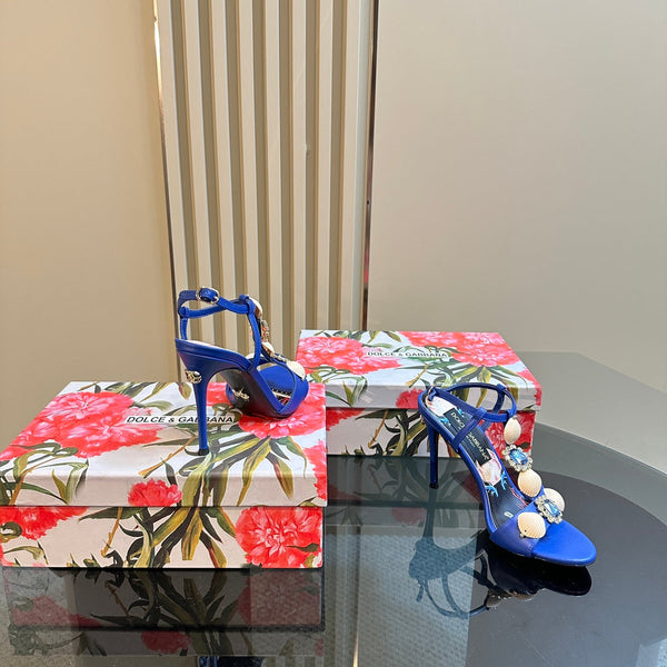 DC 24 Shell Rhinestone High Heel Sandals Blue Cowhide & Sheepskin 946159